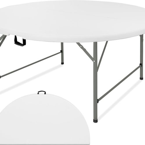 5 FT Round Folding Tables with Carrying Handle 60 inch Heavy Duty Portable Plastic Commercial Table Steel Legs for Party, Dining, Wedding, Events, Picnic Indoor, Outdoor (White,1 Pack)