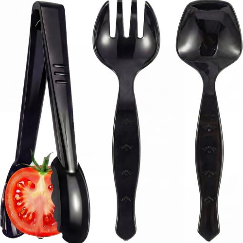 36 Pcs Disposable Serving Utensils Set - 9 Inch Black Tongs, Forks, Spoons for Restaurants, Catering, Party Supplies, Buffet, Wedding, Picnic