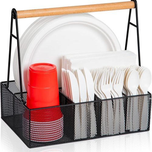 Paper Plate Organizer with Handle for Countertop, Metal Silverware Caddy for Cup, Napkin, Fork and Spoon, Paper Plate and Utensil Holder, Cutlery Caddy for Party, Camping, Picnic (Black)