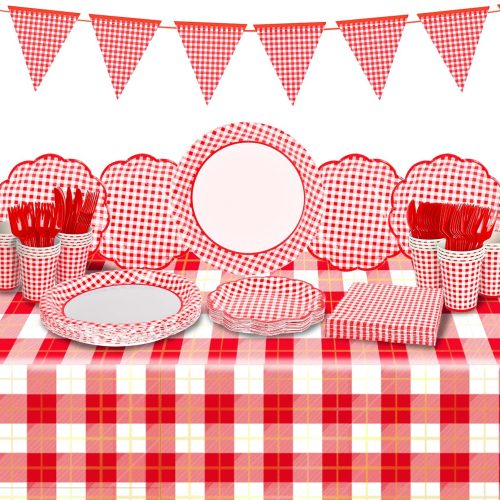 Gingham Red and White Party Supplies Disposable Paper Plates Napkins Cups Knives Spoons Forks Tablecloth Banner for Birthday Party Family Dinner Picnic Barbecue Mother's Day Party, Serve 25