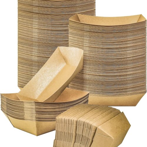 100 Pack 2lb Paper Food Trays, Heavy-Duty Paper Food Boat Disposable Serving Basket Tray for French Fries Nachos Snack Hot Dog Taco BBQ Popcorn Party Picnic Wedding Party (Brown)